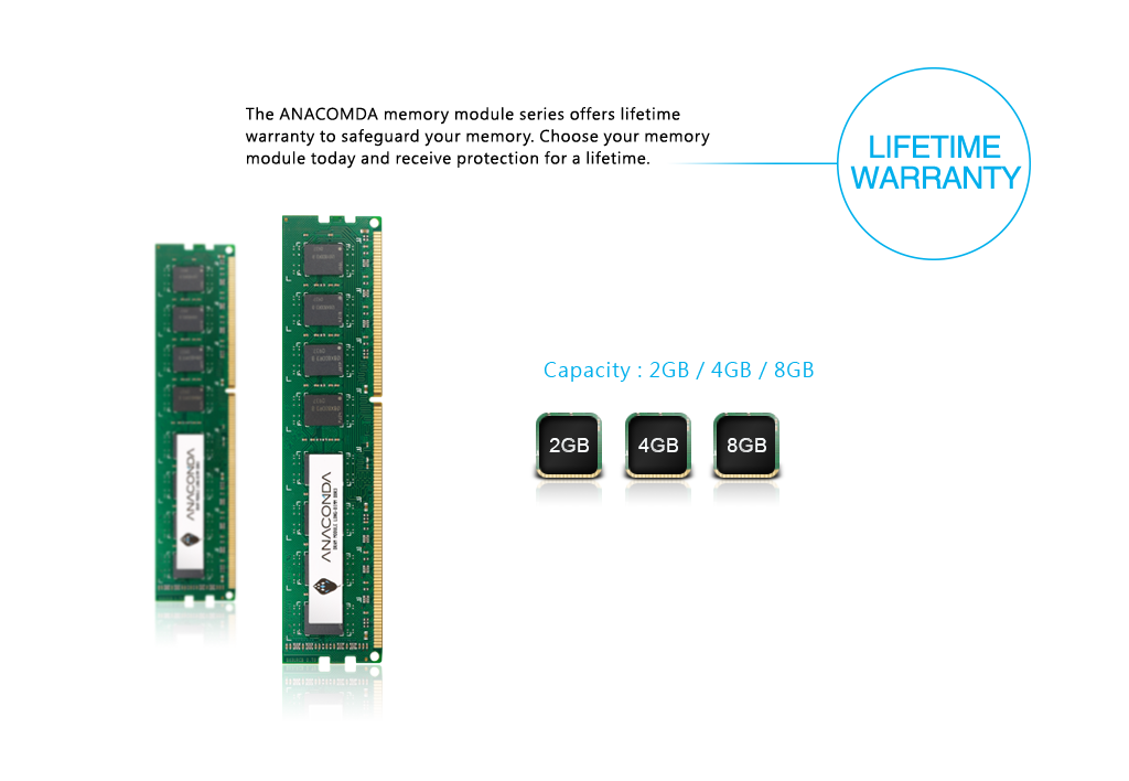 The ANACOMDA memory module series offers lifetime warranty to safeguard your memory. Choose your memory module today and receive protection for a lifetime.
