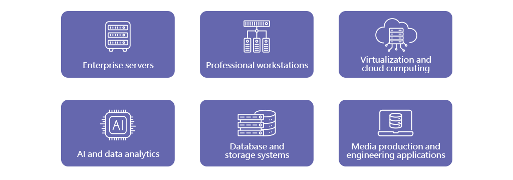 Applications for•Enterprise servers•Professional workstations•Virtualization and cloud computing•AI and data analytics•Database and storage systems•Media production and engineering applications